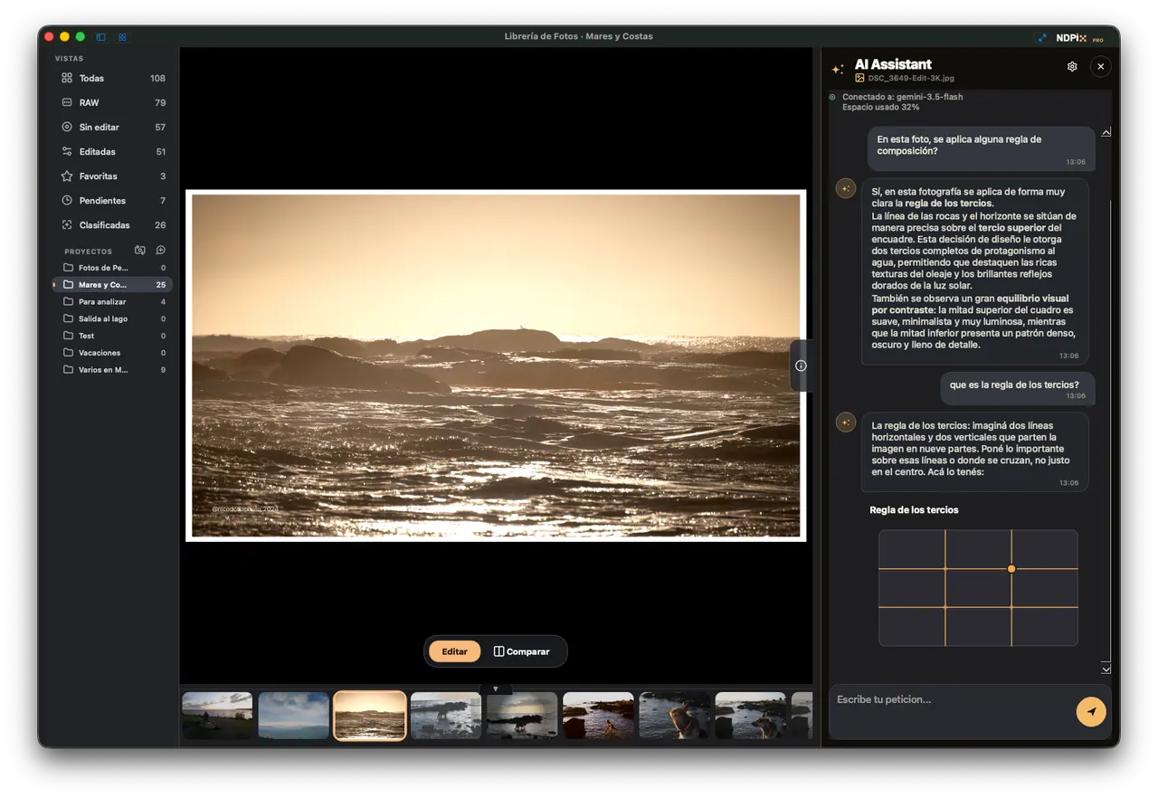 NDPix photo editing workspace with adjustment controls